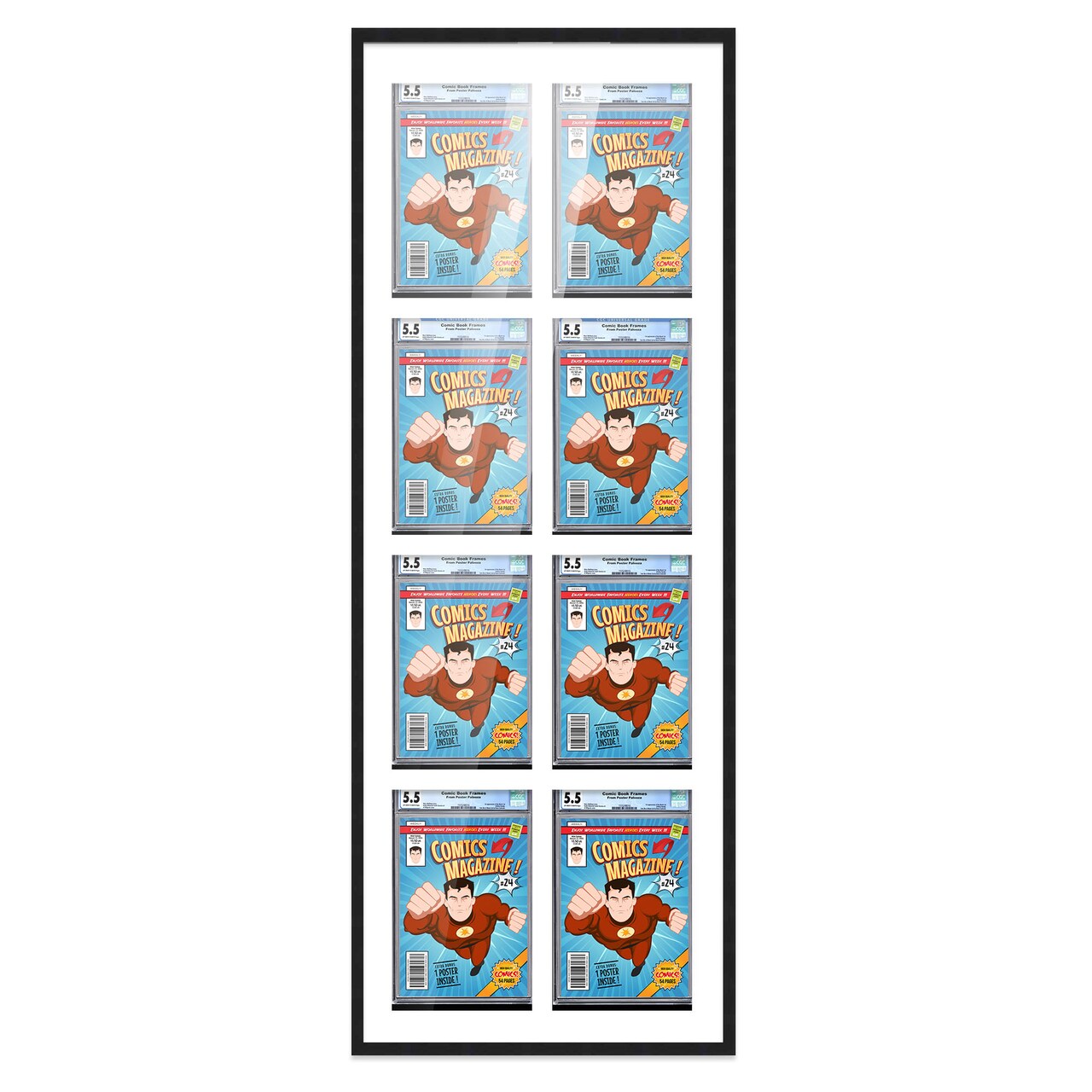 Comic Book Display Frame for CGC, PGX Graded, Slabed Comics - Black Wood Comic Frame With White Mat for 8.125x13 Comics, 18 Frame Sizes